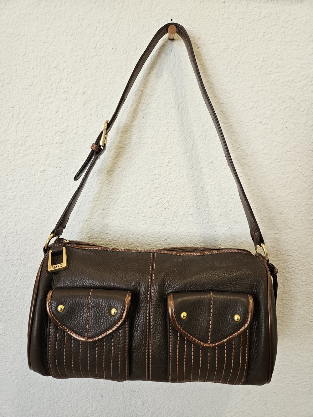 Vintage Maxx New York Brown Leather Utility Shoulder Bag Cheetah Lining Boho Y2K